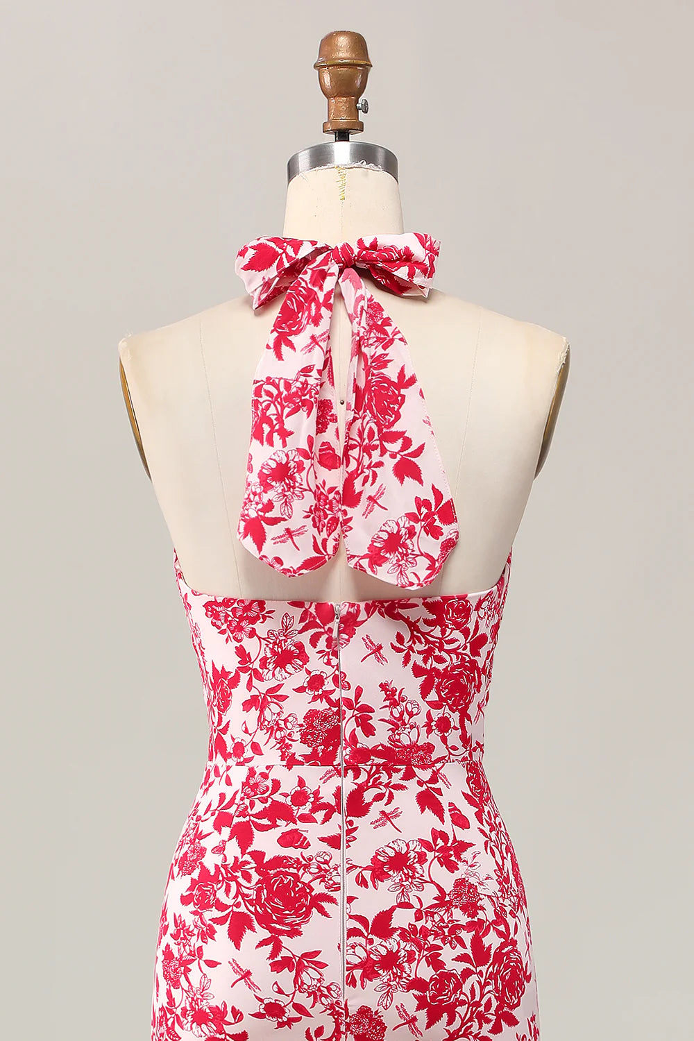 Red Printed Flower Mermaid Halter Midi Wedding Guest Dress Red Printed Sleeveless Party Dress