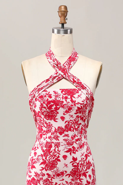 Red Printed Flower Mermaid Halter Midi Wedding Guest Dress Red Printed Sleeveless Party Dress
