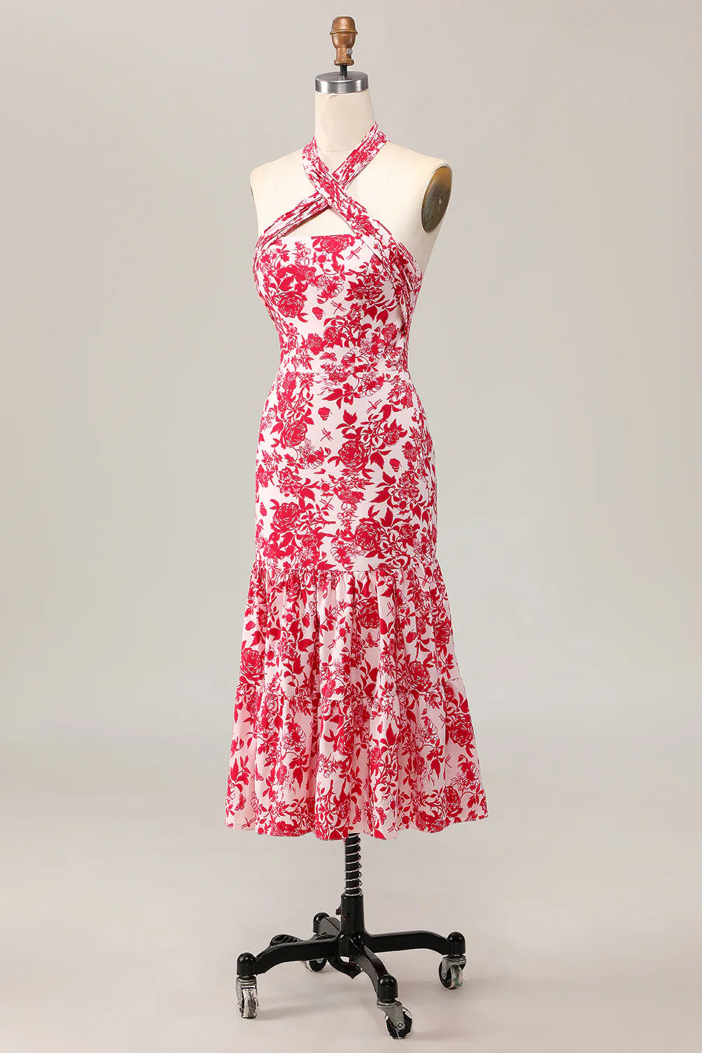 Red Printed Flower Mermaid Halter Midi Wedding Guest Dress Red Printed Sleeveless Party Dress