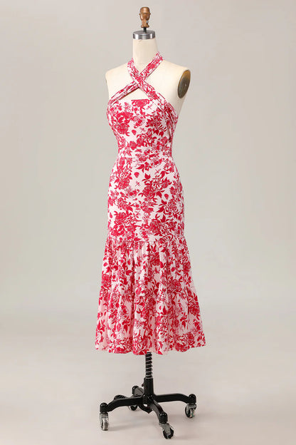Red Printed Flower Mermaid Halter Midi Wedding Guest Dress Red Printed Sleeveless Party Dress