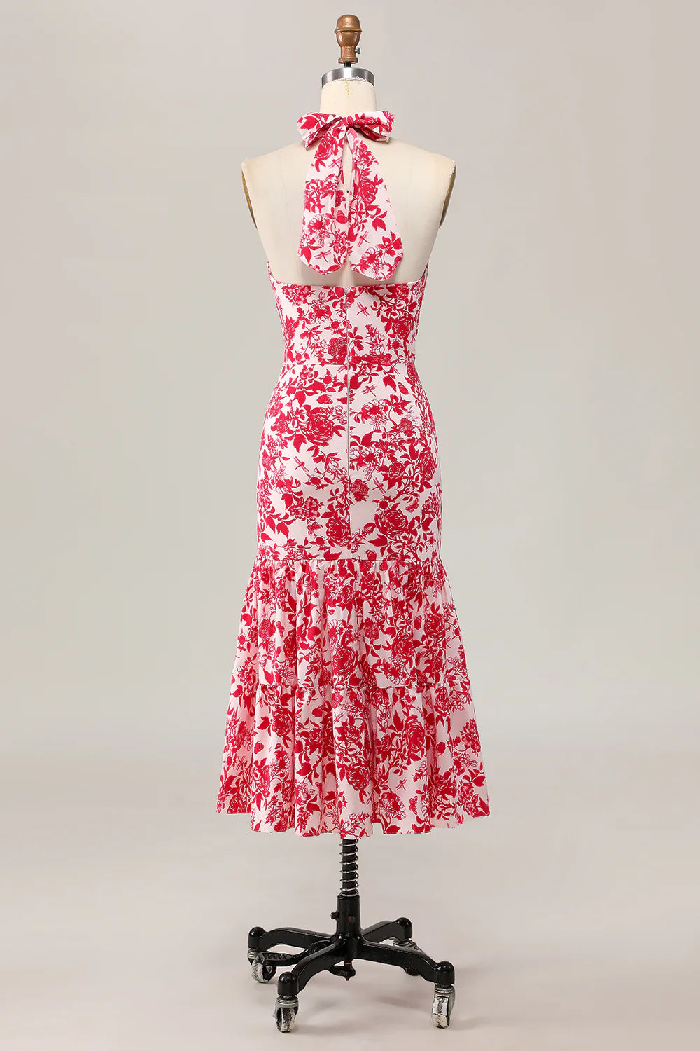 Red Printed Flower Mermaid Halter Midi Wedding Guest Dress Red Printed Sleeveless Party Dress