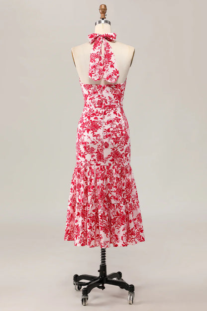 Red Printed Flower Mermaid Halter Midi Wedding Guest Dress Red Printed Sleeveless Party Dress
