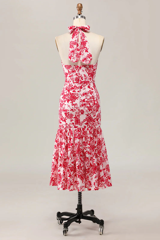 Red Printed Flower Mermaid Halter Midi Wedding Guest Dress Red Printed Sleeveless Party Dress