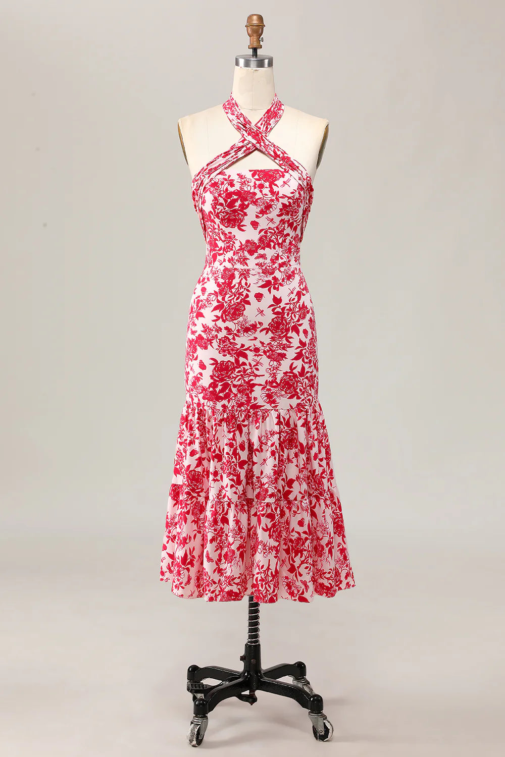 Red Printed Flower Mermaid Halter Midi Wedding Guest Dress Red Printed Sleeveless Party Dress