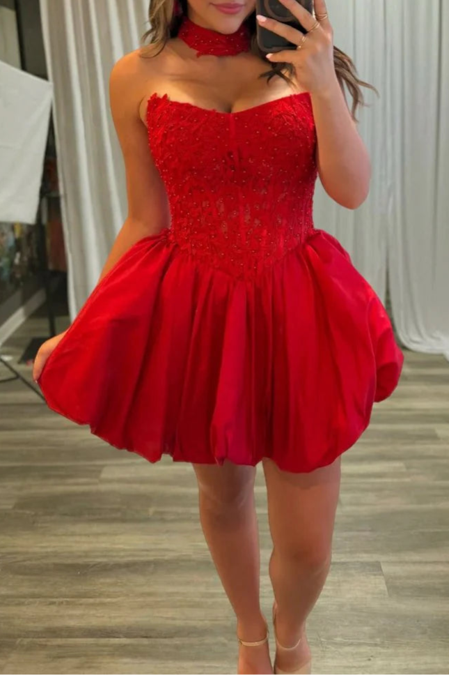 Red Satin Beaded A Line Strapless Corset Bubble Hem Homecoming Dress With Choker