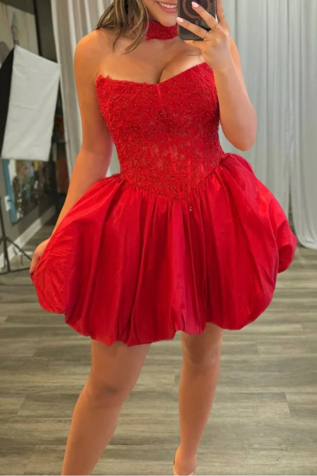 Red Satin Beaded A Line Strapless Corset Bubble Hem Homecoming Dress With Choker
