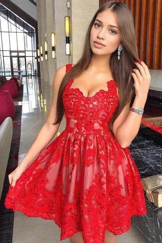 Red Satin Floral Lace A-Line Straps V-Neck Empire-Waist Short Cocktail Homecoming Dress