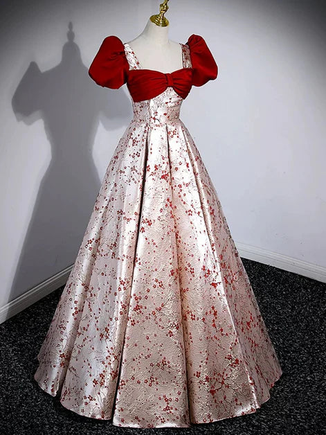 Red Satin Floral Short Sleeves Long Party Dress Prom Dress Evening Dress