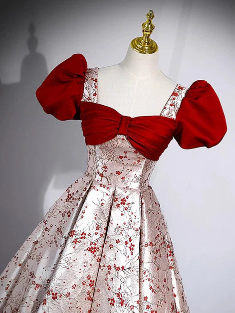 Red Satin Floral Short Sleeves Long Party Dress Prom Dress Evening Dress