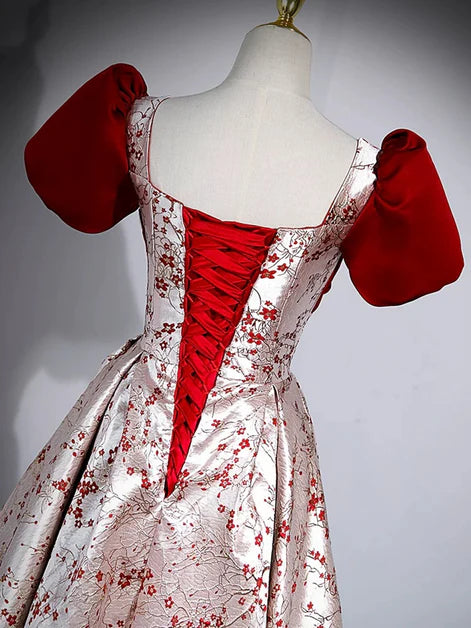 Red Satin Floral Short Sleeves Long Party Dress Prom Dress Evening Dress