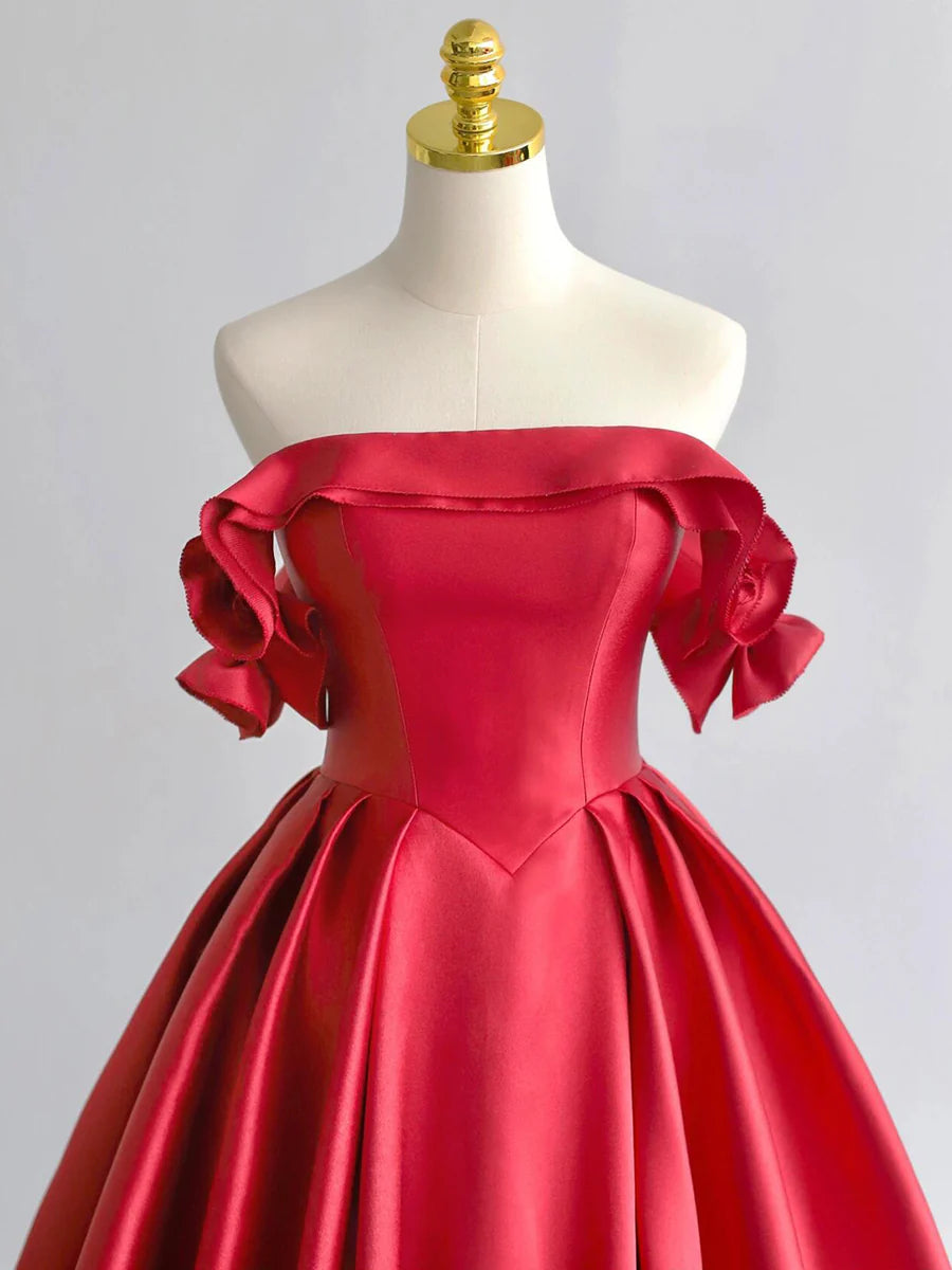 Red Satin Off the Shoulder A-Line Floor Length Prom Dress Evening Party Dress