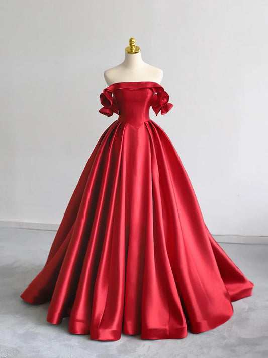 Red Satin Off the Shoulder A-Line Floor Length Prom Dress Evening Party Dress