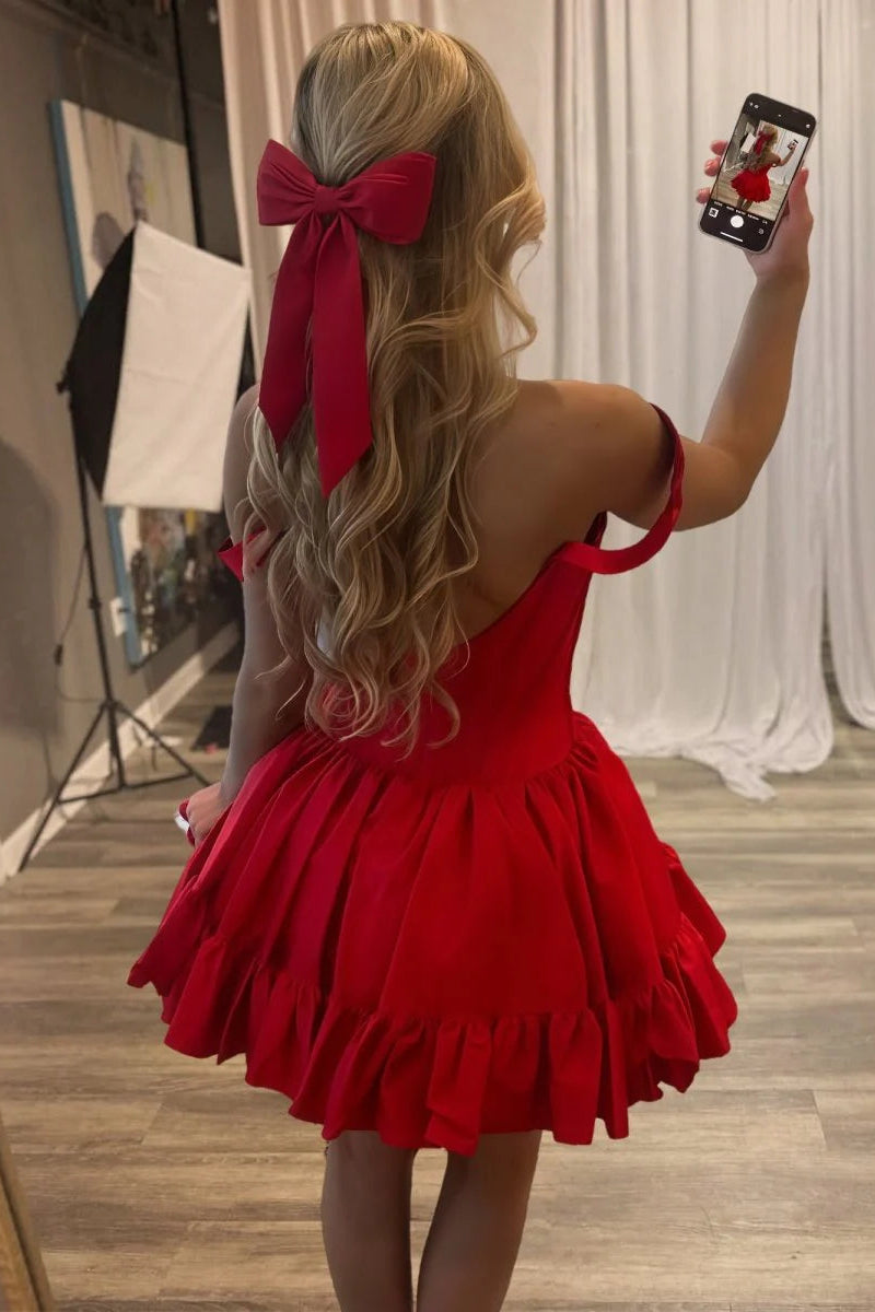 Red Satin Pleated Off The Shoulder A Line Open Back Corset Ruffles Short Homecoming Dress