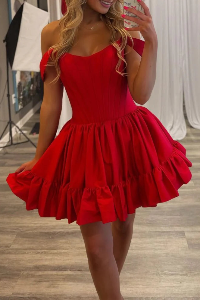 Red Satin Pleated Off The Shoulder A Line Open Back Corset Ruffles Short Homecoming Dress