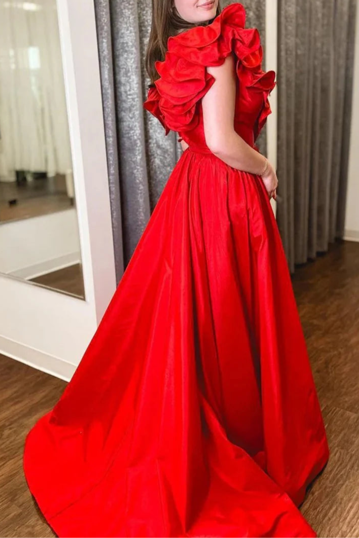 Red Satin Ruffle V Neck A-Line Long Prom Dresses With Sweep Train Discount Satin Party Dresses For Ladies