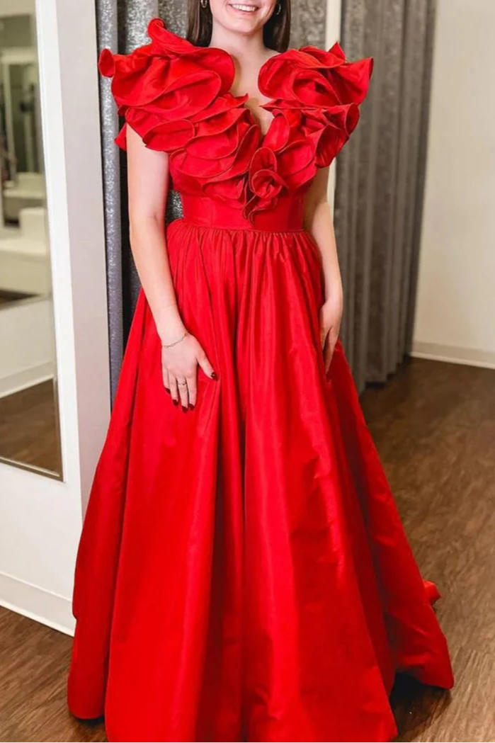 Red Satin Ruffle V Neck A-Line Long Prom Dresses With Sweep Train Discount Satin Party Dresses For Ladies