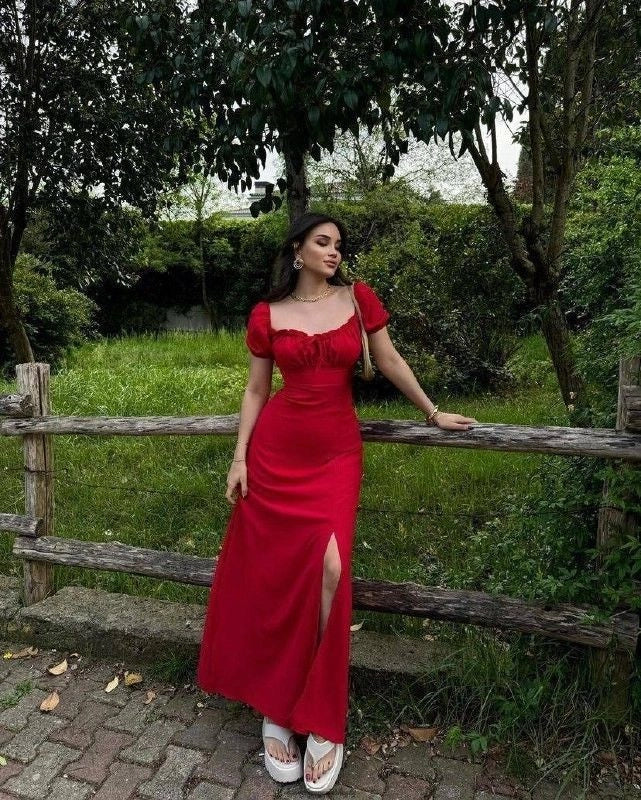 Red Satin Short Sleeves Slit Long Evening Dress Vintage Prom Dress Budget Red Party Dress