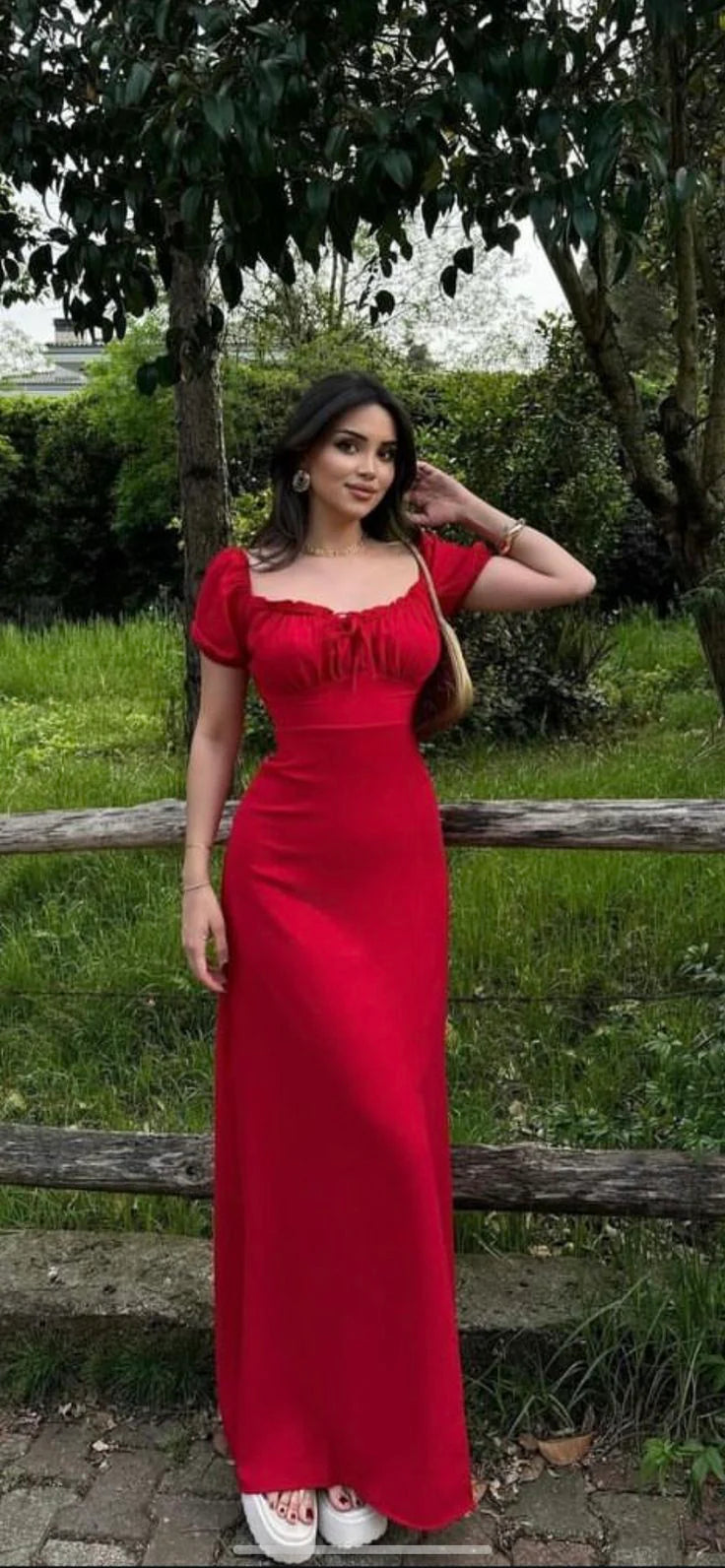 Red Satin Short Sleeves Slit Long Evening Dress Vintage Prom Dress Budget Red Party Dress