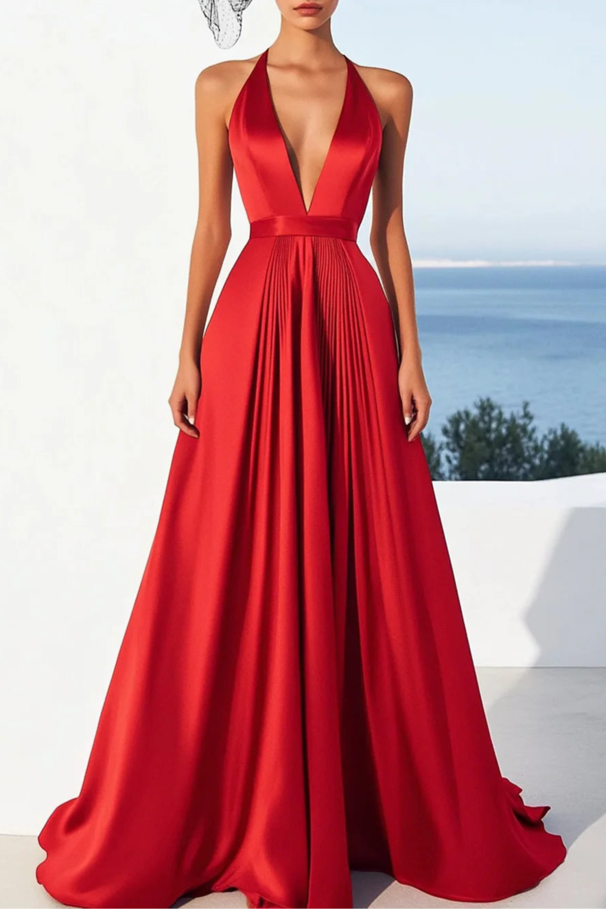 Red Satin Sleeveless A Line Halter V Neck Floor Length Formal Dress Red Evening Dress