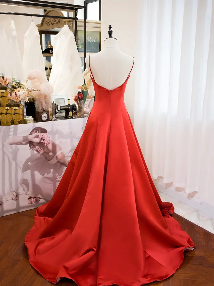 Red Satin Spaghetti Strap Long Prom Dress Simple A-Line Backless Evening Inexpensive Red Party Dress