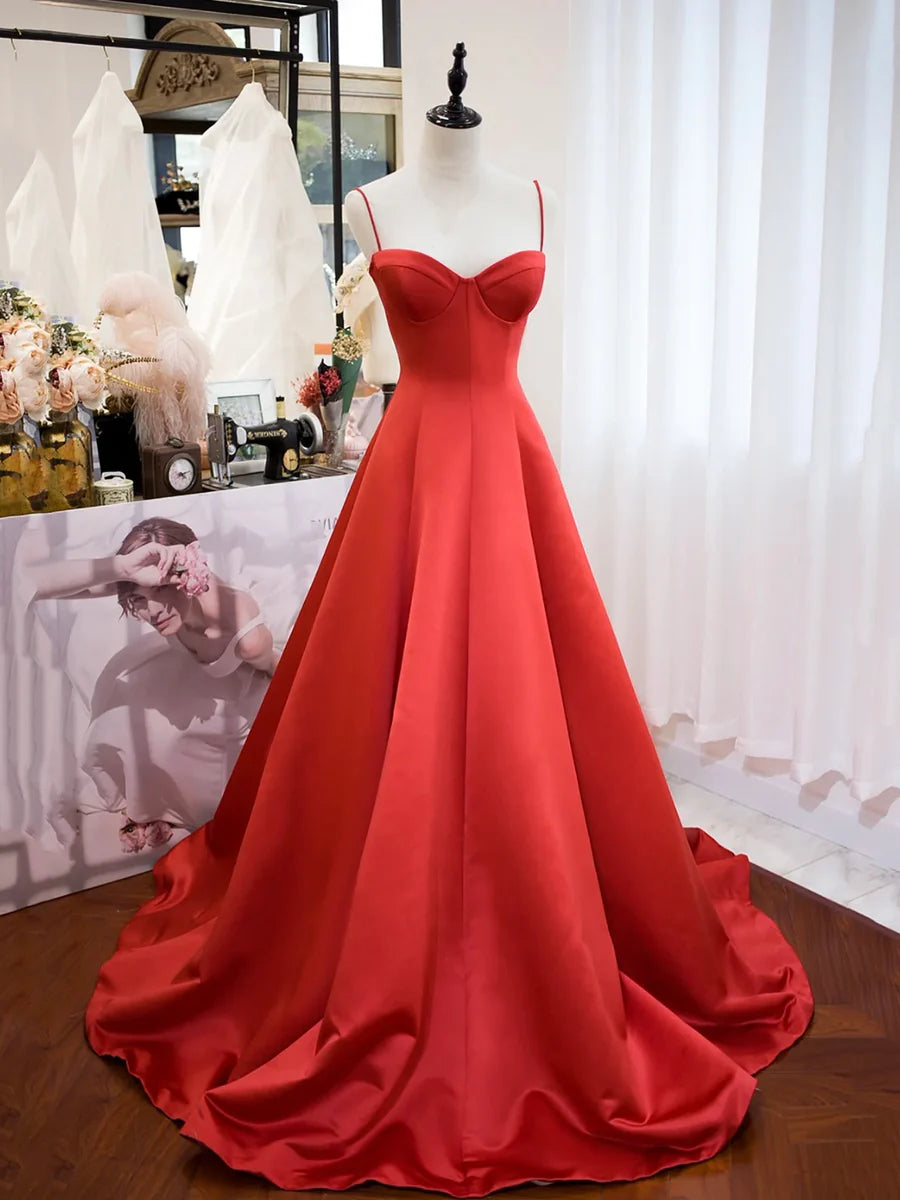 Red Satin Spaghetti Strap Long Prom Dress Simple A-Line Backless Evening Inexpensive Red Party Dress