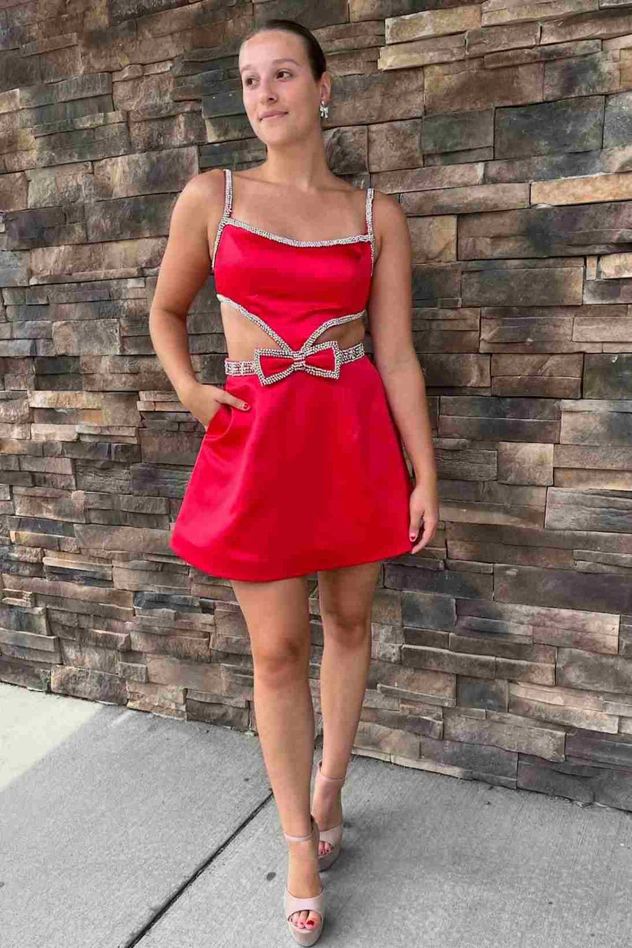 Red Satin Spaghetti Straps Hollow Diamond Homecoming Dress with Bow