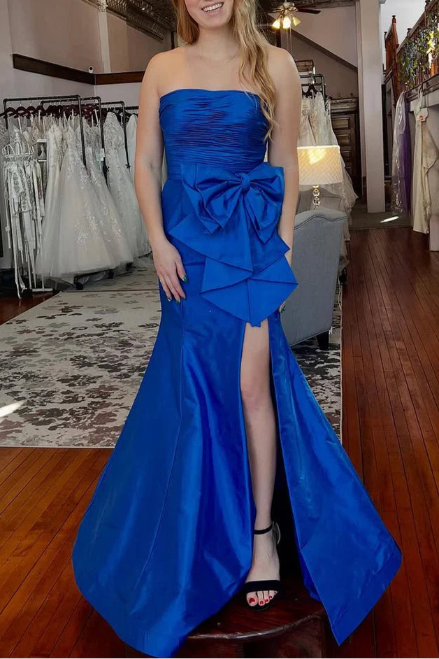 Red Satin Strapless Mermaid Big Bow Pleated Slit Long Formal Prom Dress With Sweep Train