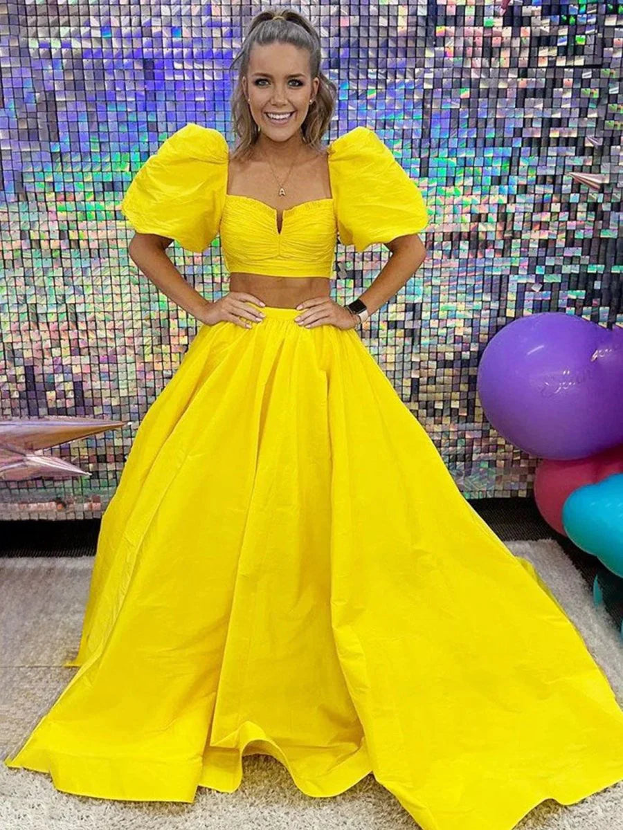 Red Satin Two-Piece Puff Sleeves Long Prom Dress With Split Inexpensive Green Evening Dresses