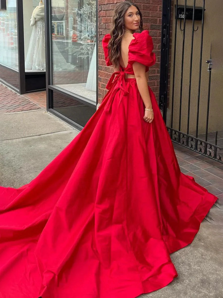 Red Satin Two-Piece Puff Sleeves Long Prom Dress With Split Inexpensive Green Evening Dresses