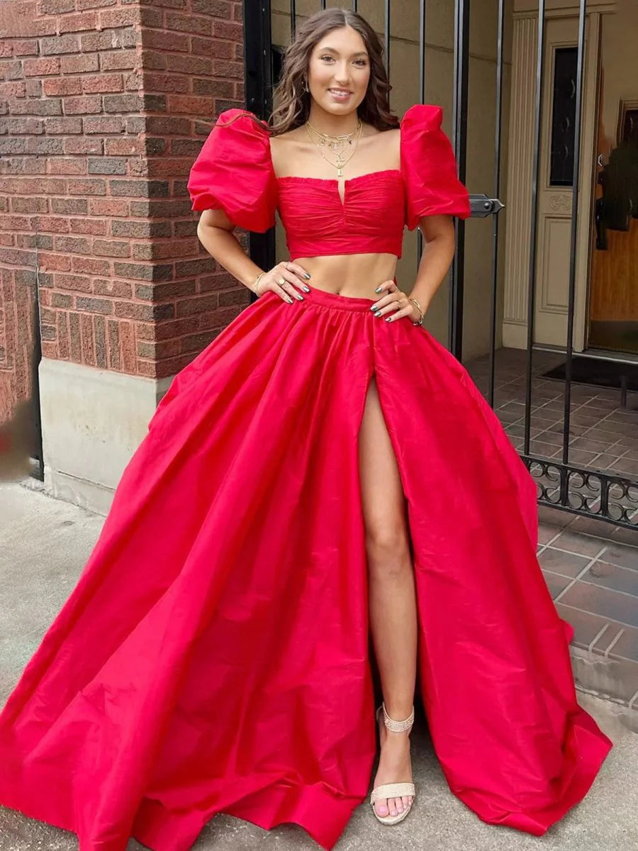 Red Satin Two-Piece Puff Sleeves Long Prom Dress With Split Inexpensive Green Evening Dresses