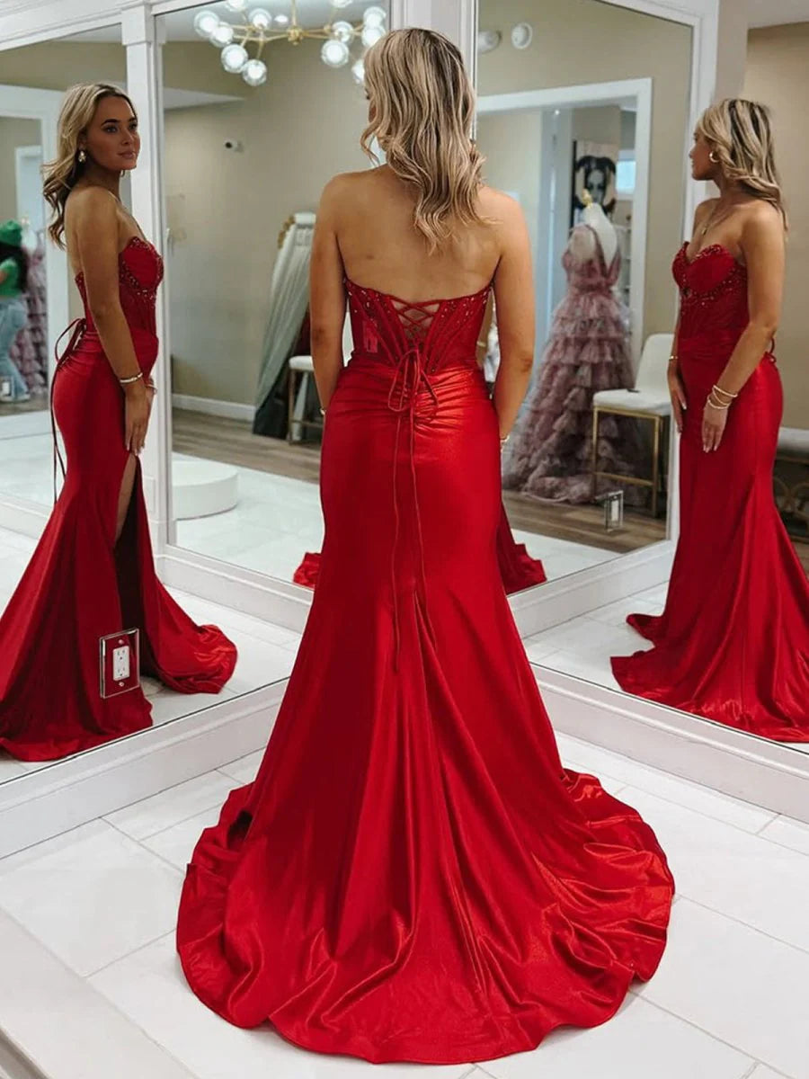 Red Satin  V-Neck Mermaid Strapless Keyhole Long Sweep Train Prom Dresses With Slit