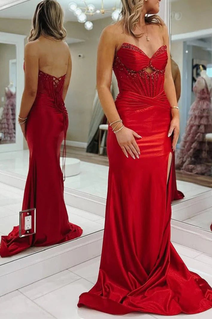 Red Satin  V-Neck Mermaid Strapless Keyhole Long Sweep Train Prom Dresses With Slit