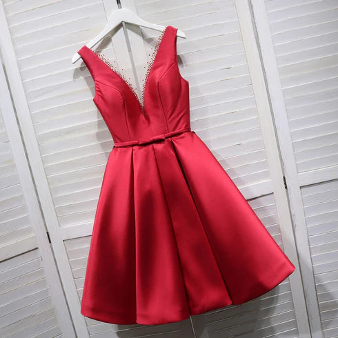 Red Satin V-neckline Knee Length Pleated Homecoming Dress Prom Dress