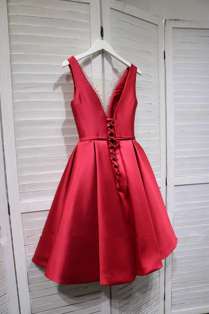 Red Satin V-neckline Knee Length Pleated Homecoming Dress Prom Dress