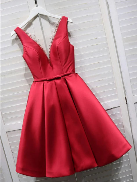 Red Satin V-neckline Knee Length Pleated Homecoming Dress Prom Dress