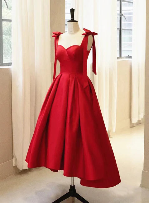 Red Satin With Bow High Low Strap Prom Dress Homecoming Dresses