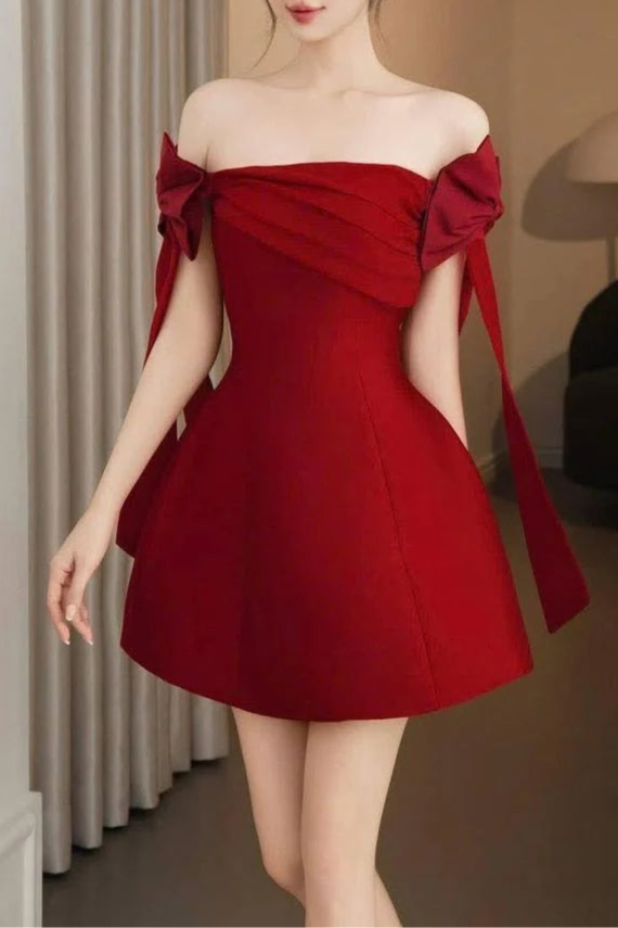 Red Satin With Bow Pleated A Line Off Shoulder Short Prom Dress Homecoming Dress