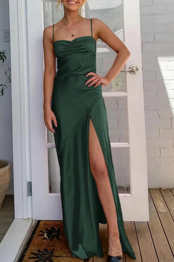 Red Satin Zipper Back Spaghetti Straps Sheath Floor-Length Long Prom Dresses With Split