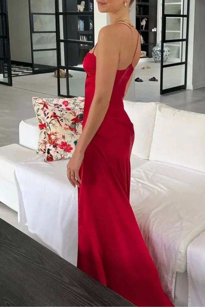 Red Satin Zipper Back Spaghetti Straps Sheath Floor-Length Long Prom Dresses With Split