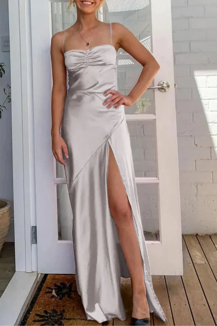 Red Satin Zipper Back Spaghetti Straps Sheath Floor-Length Long Prom Dresses With Split