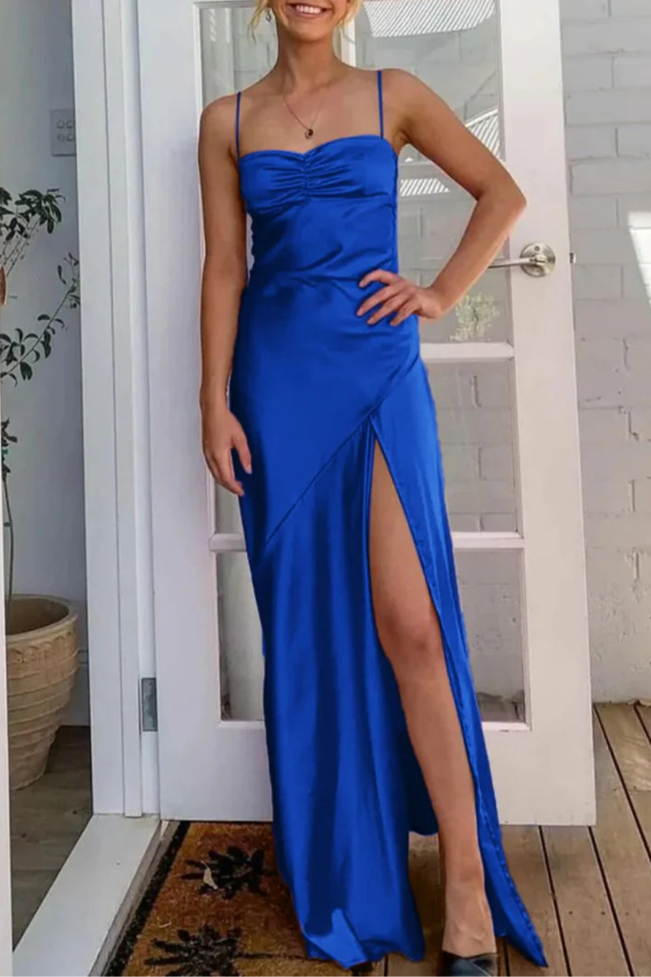 Red Satin Zipper Back Spaghetti Straps Sheath Floor-Length Long Prom Dresses With Split