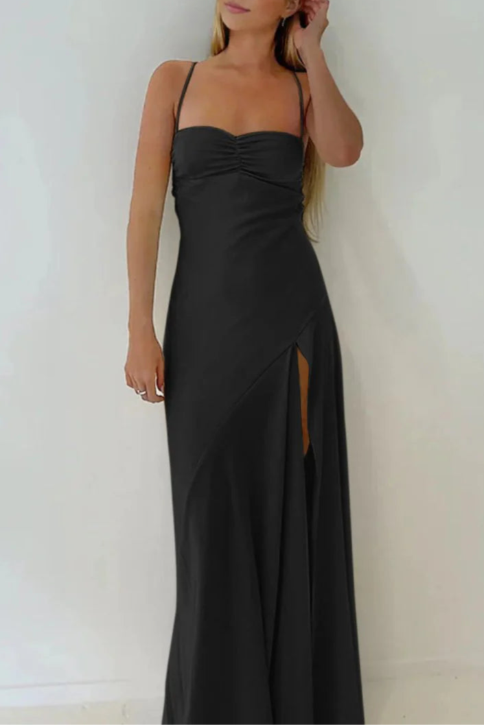 Red Satin Zipper Back Spaghetti Straps Sheath Floor-Length Long Prom Dresses With Split