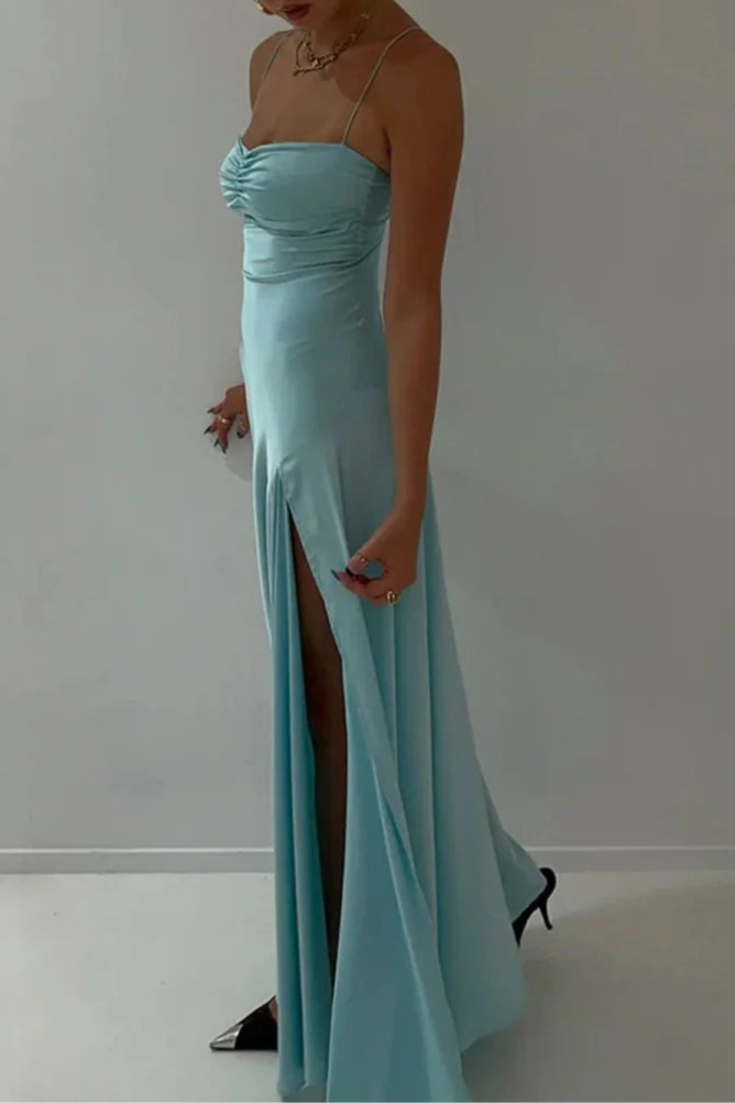 Red Satin Zipper Back Spaghetti Straps Sheath Floor-Length Long Prom Dresses With Split