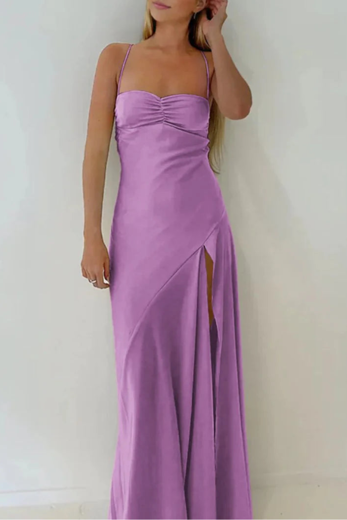 Red Satin Zipper Back Spaghetti Straps Sheath Floor-Length Long Prom Dresses With Split