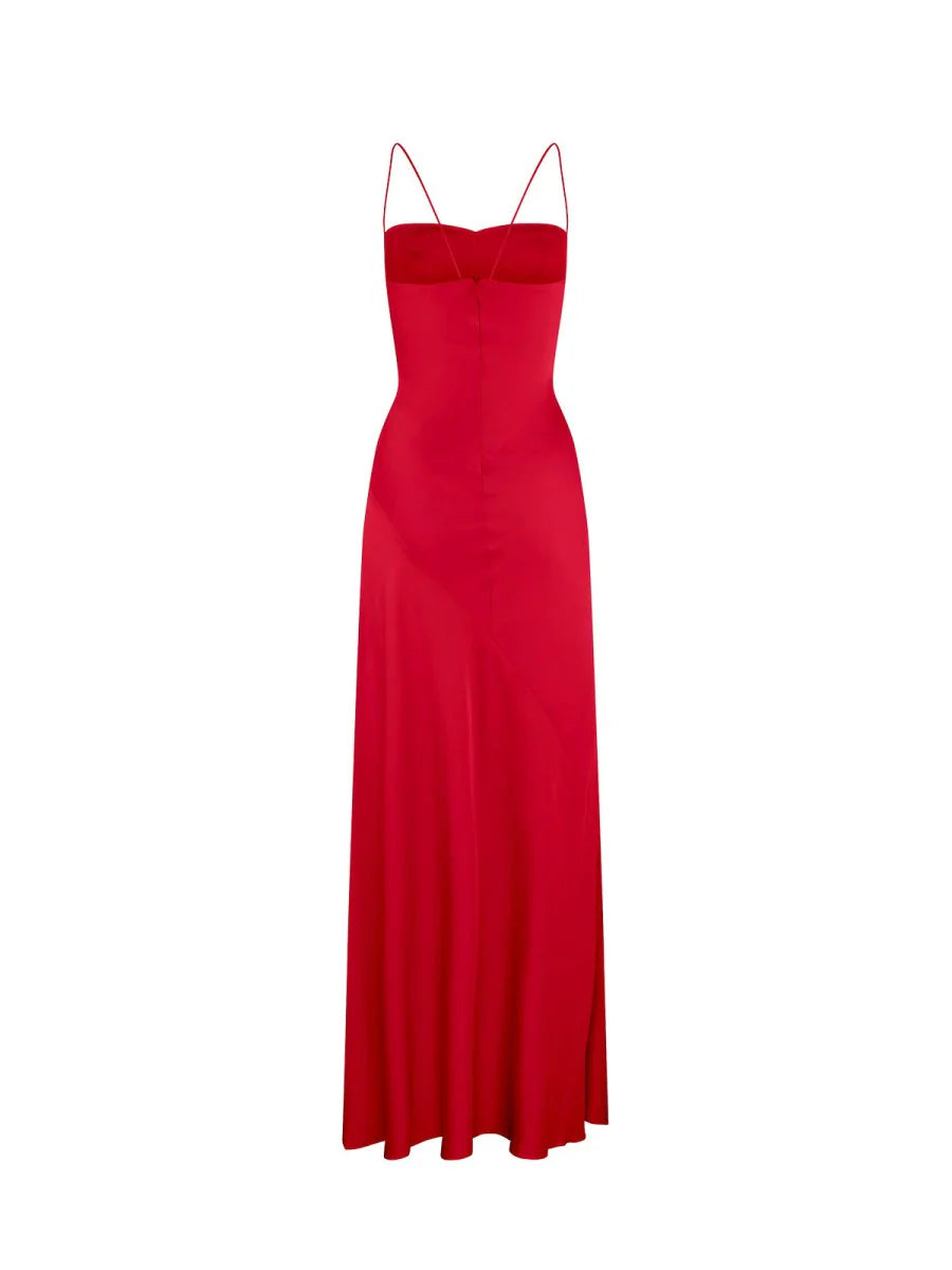 Red Satin Zipper Back Spaghetti Straps Sheath Floor-Length Long Prom Dresses With Split