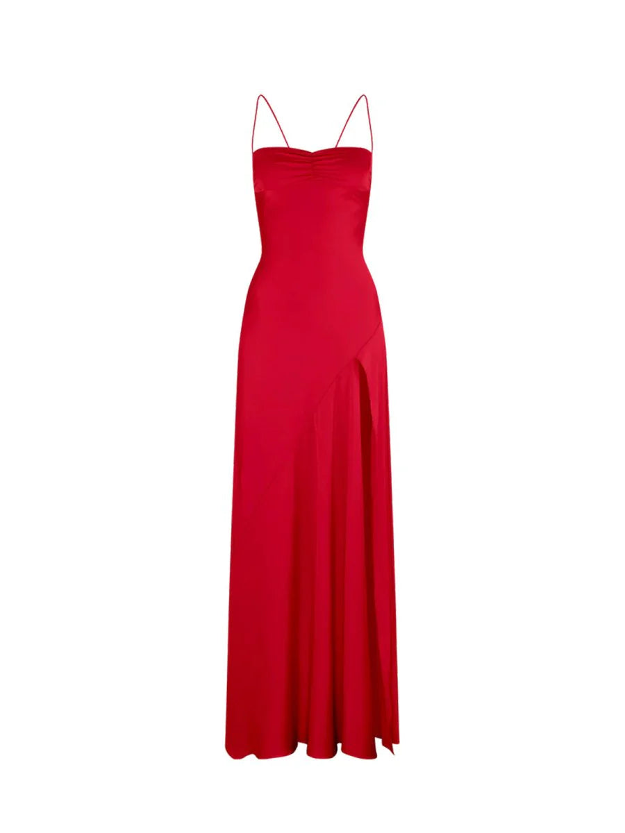 Red Satin Zipper Back Spaghetti Straps Sheath Floor-Length Long Prom Dresses With Split