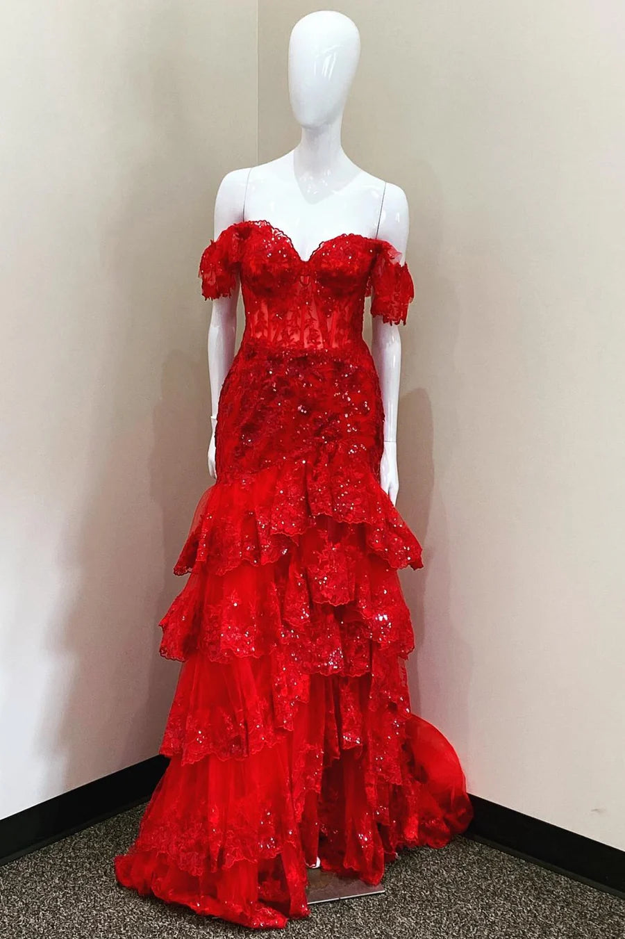 Red Sequin-Embroidery Off-the-Shoulder Tiered Long Prom Dress with Slit