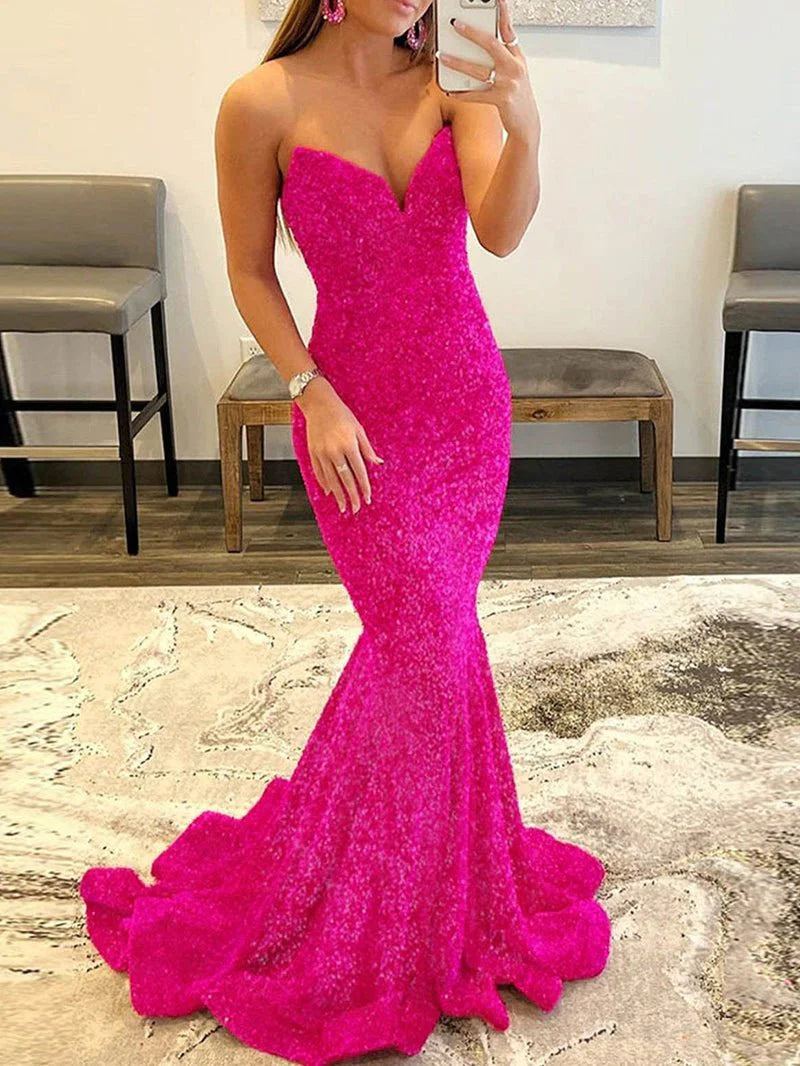Red Sequin Strapless Mermaid Sweetheart Neck Lace-up Back Long Prom Dresses With Sweep Train