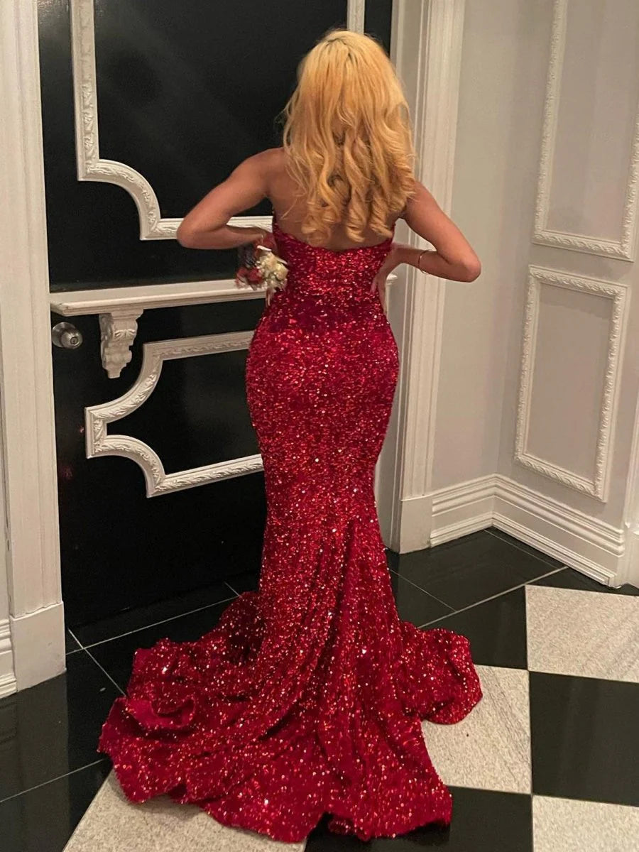 Red Sequin Strapless Mermaid Sweetheart Neck Lace-up Back Long Prom Dresses With Sweep Train
