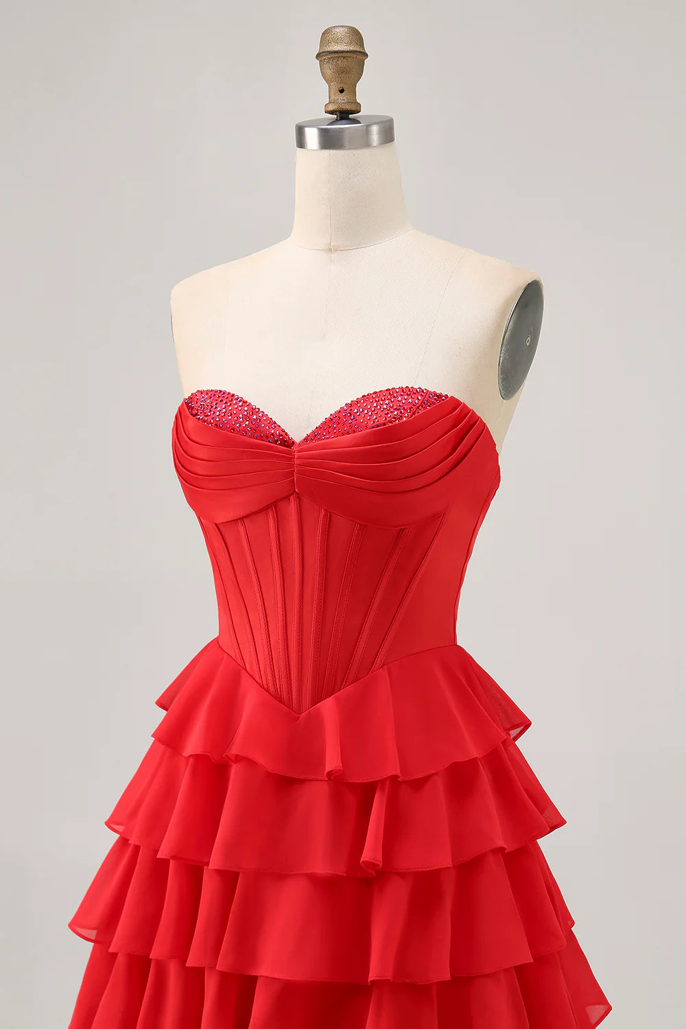 Red Sequins Pleated Strapless A Line Ruffled Tiered Corset Short Homecoming Dress Party Dress